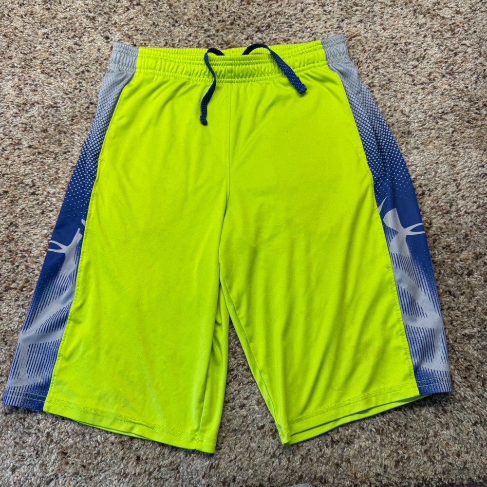 Under Armour Boys Neon Lime Green Blue Loose Athletic Shorts YXL